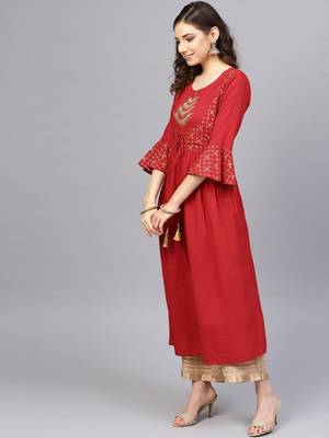 Women Red & Beige Ethnic Motifs Length A-Line Pure Cotton Kurta with Palazzos 4