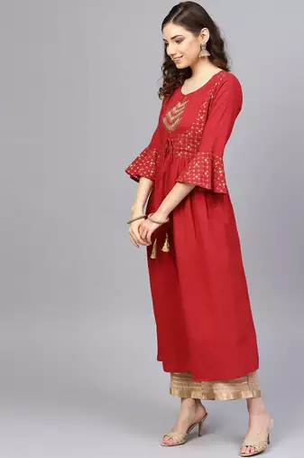 Women Red & Beige Ethnic Motifs Length A-Line Pure Cotton Kurta with Palazzos