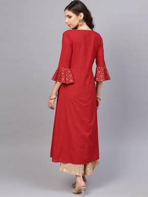Women Red & Beige Ethnic Motifs Length A-Line Pure Cotton Kurta with Palazzos 5