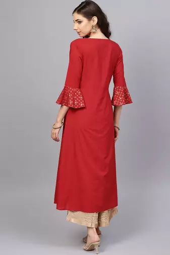 Women Red & Beige Ethnic Motifs Length A-Line Pure Cotton Kurta with Palazzos