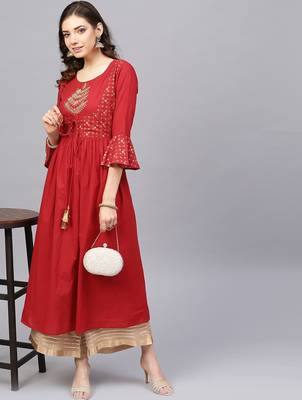 Women Red & Beige Ethnic Motifs Length A-Line Pure Cotton Kurta with Palazzos 6