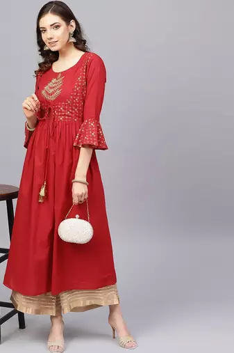 Women Red & Beige Ethnic Motifs Length A-Line Pure Cotton Kurta with Palazzos