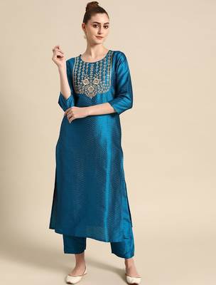 Women Blue & Golden Embroidered Jacquard Kurta with Trousers 1