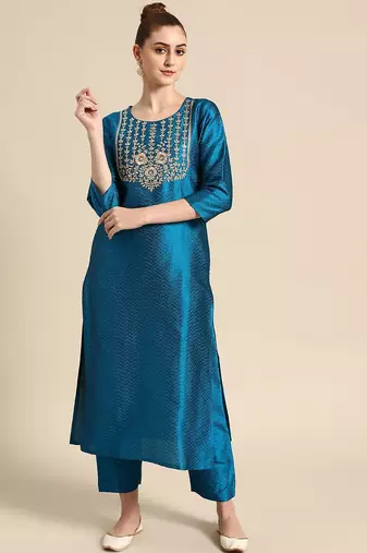 Women Blue & Golden Embroidered Jacquard Kurta with Trousers