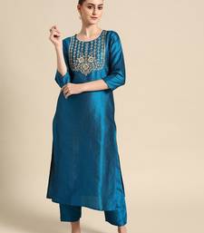 Women Blue & Golden Embroidered Jacquard Kurta with Trousers