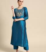 Women Blue & Golden Embroidered Jacquard Kurta with Trousers