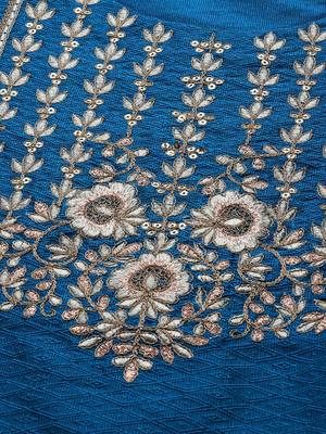 Women Blue & Golden Embroidered Jacquard Kurta with Trousers 2