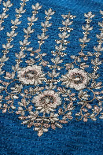 Women Blue & Golden Embroidered Jacquard Kurta with Trousers