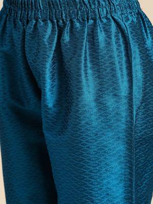 Women Blue & Golden Embroidered Jacquard Kurta with Trousers 3