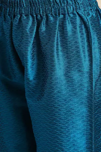 Women Blue & Golden Embroidered Jacquard Kurta with Trousers
