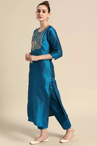 Women Blue & Golden Embroidered Jacquard Kurta with Trousers