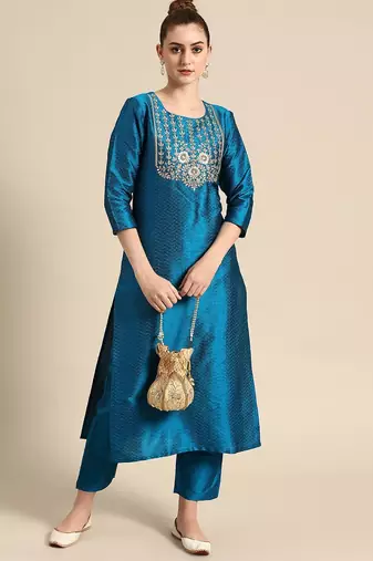 Women Blue & Golden Embroidered Jacquard Kurta with Trousers