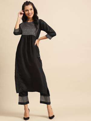 Women Black & Golden Embroidered Sequinned Yoke Design Kurta & Trousers 1