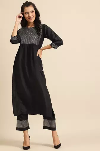 Women Black & Golden Embroidered Sequinned Yoke Design Kurta & Trousers