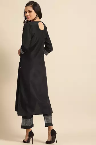 Women Black & Golden Embroidered Sequinned Yoke Design Kurta & Trousers