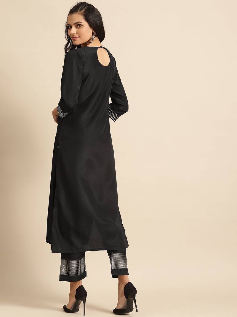Women Black & Golden Embroidered Sequinned Yoke Design Kurta & Trousers