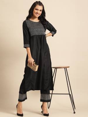 Women Black & Golden Embroidered Sequinned Yoke Design Kurta & Trousers 5