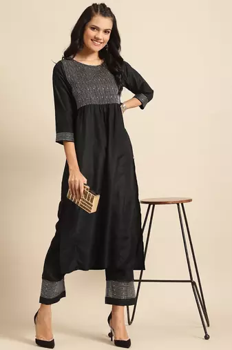 Women Black & Golden Embroidered Sequinned Yoke Design Kurta & Trousers
