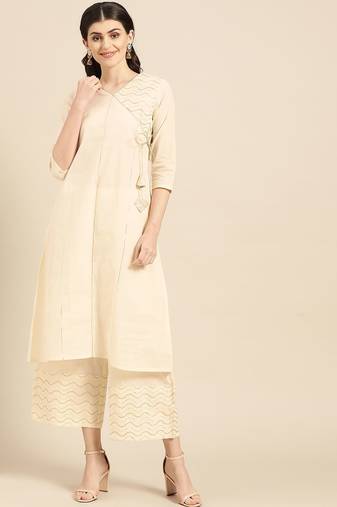 Women Beige Solid Angrakha Kurta with Palazzos