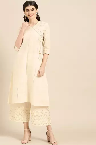 Women Beige Solid Angrakha Kurta with Palazzos