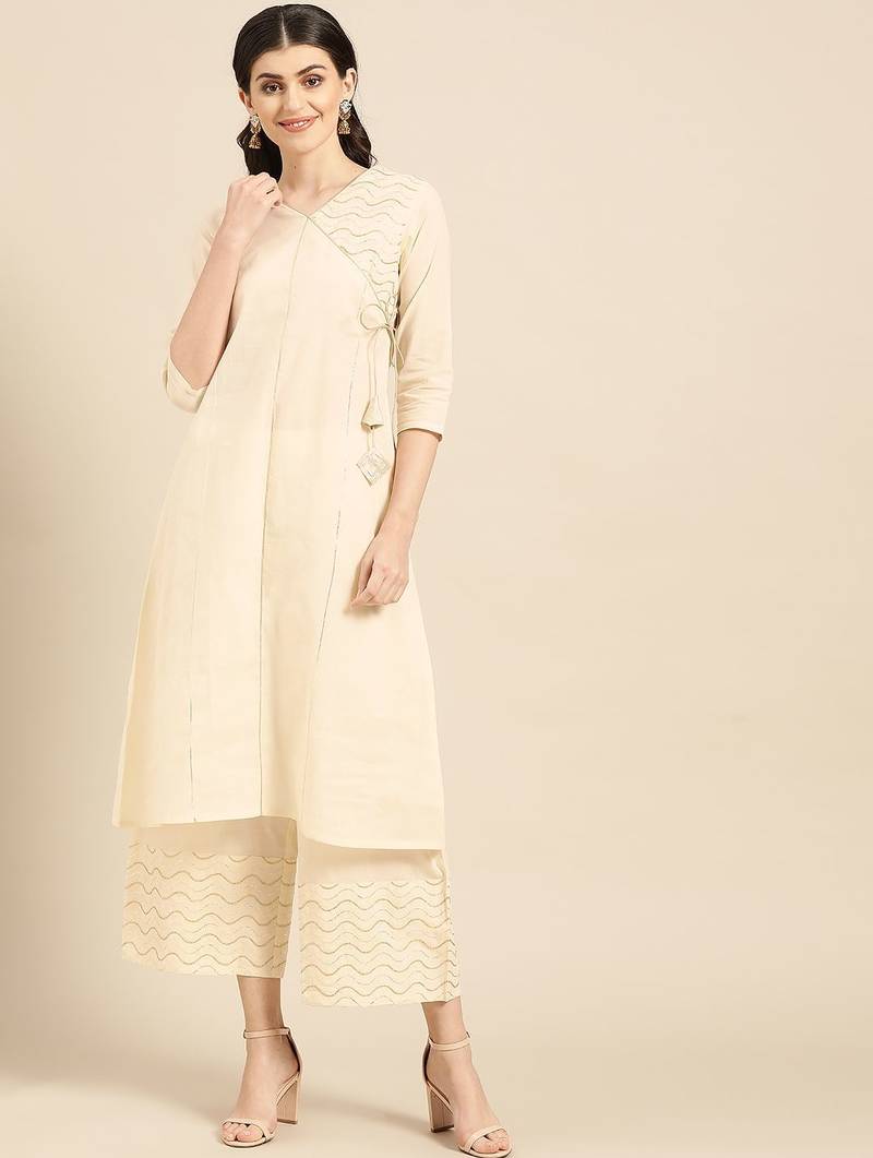 Women Beige Solid Angrakha Kurta with Palazzos