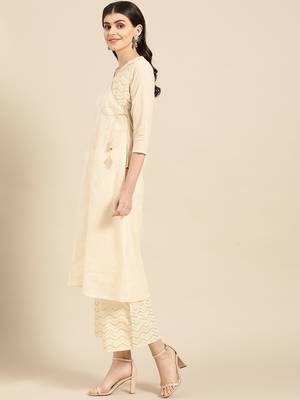 Women Beige Solid Angrakha Kurta with Palazzos 4