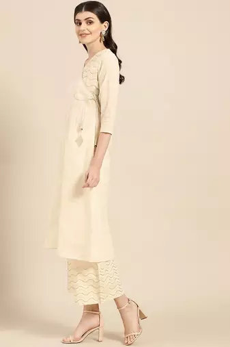 Women Beige Solid Angrakha Kurta with Palazzos