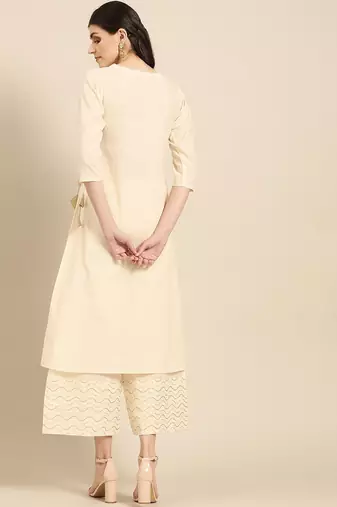 Women Beige Solid Angrakha Kurta with Palazzos