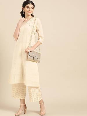 Women Beige Solid Angrakha Kurta with Palazzos 6