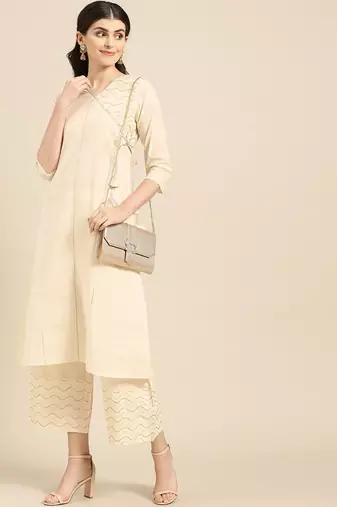 Women Beige Solid Angrakha Kurta with Palazzos