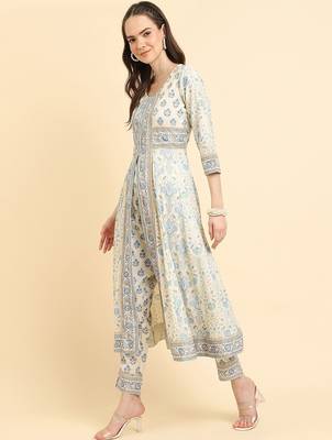 Floral Printed High Slit Pure Cotton Kurta With Trousers & Dupatta 1