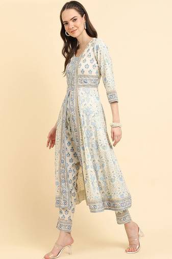 Floral Printed High Slit Pure Cotton Kurta With Trousers & Dupatta