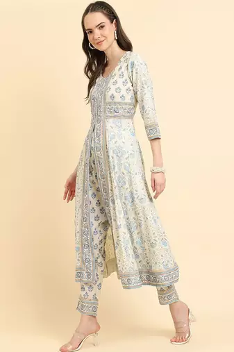 Floral Printed High Slit Pure Cotton Kurta With Trousers & Dupatta
