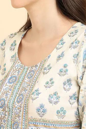 Floral Printed High Slit Pure Cotton Kurta With Trousers & Dupatta