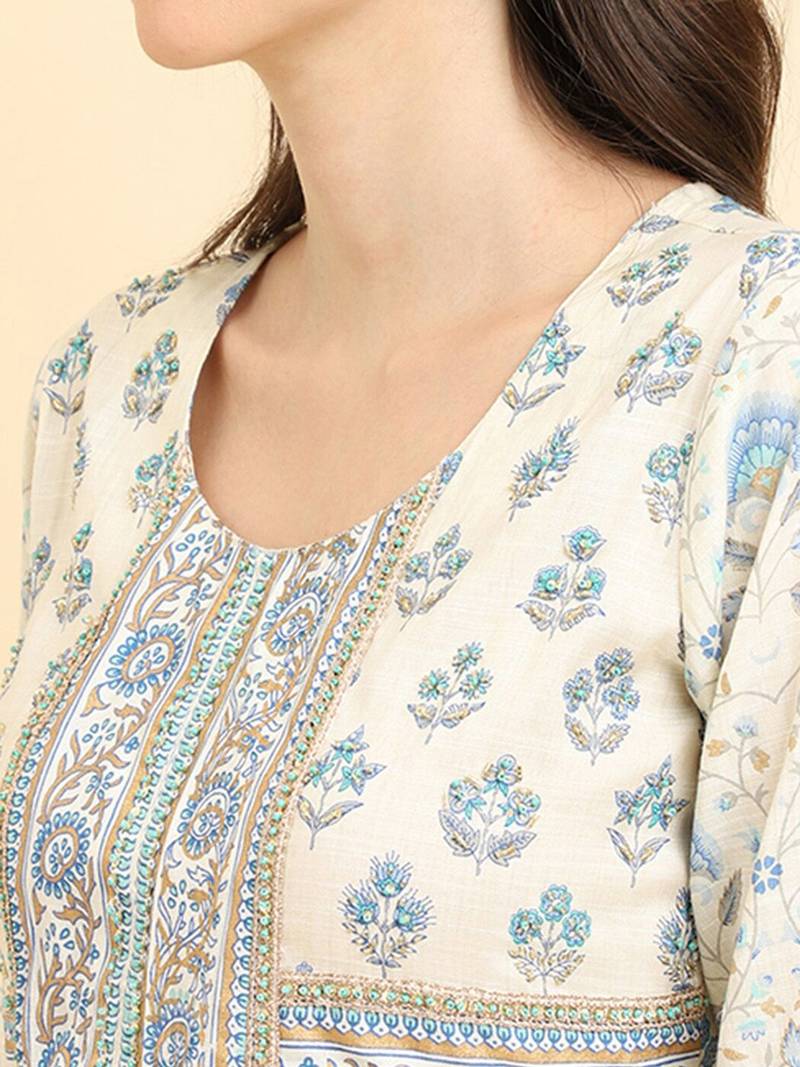 Floral Printed High Slit Pure Cotton Kurta With Trousers & Dupatta
