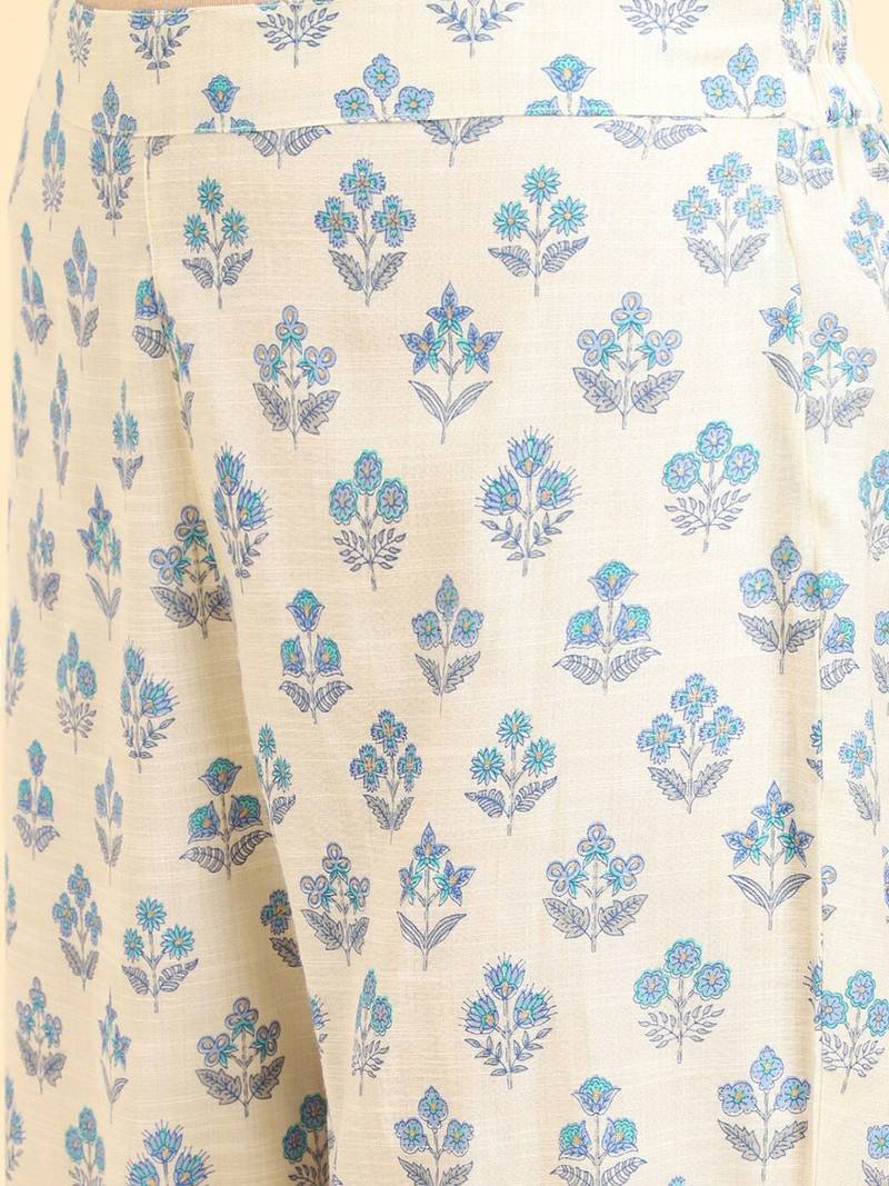 Floral Printed High Slit Pure Cotton Kurta With Trousers & Dupatta