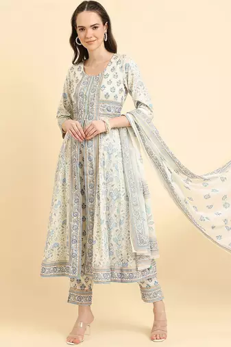 Floral Printed High Slit Pure Cotton Kurta With Trousers & Dupatta