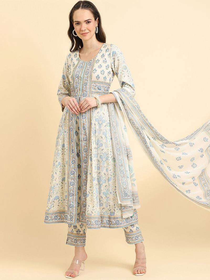 Floral Printed High Slit Pure Cotton Kurta With Trousers & Dupatta