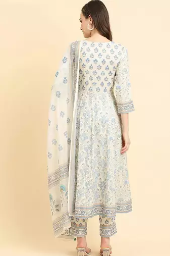 Floral Printed High Slit Pure Cotton Kurta With Trousers & Dupatta