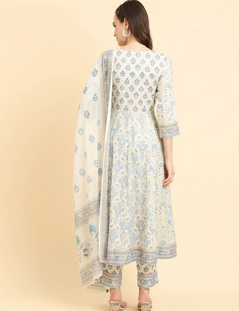 Floral Printed High Slit Pure Cotton Kurta With Trousers & Dupatta