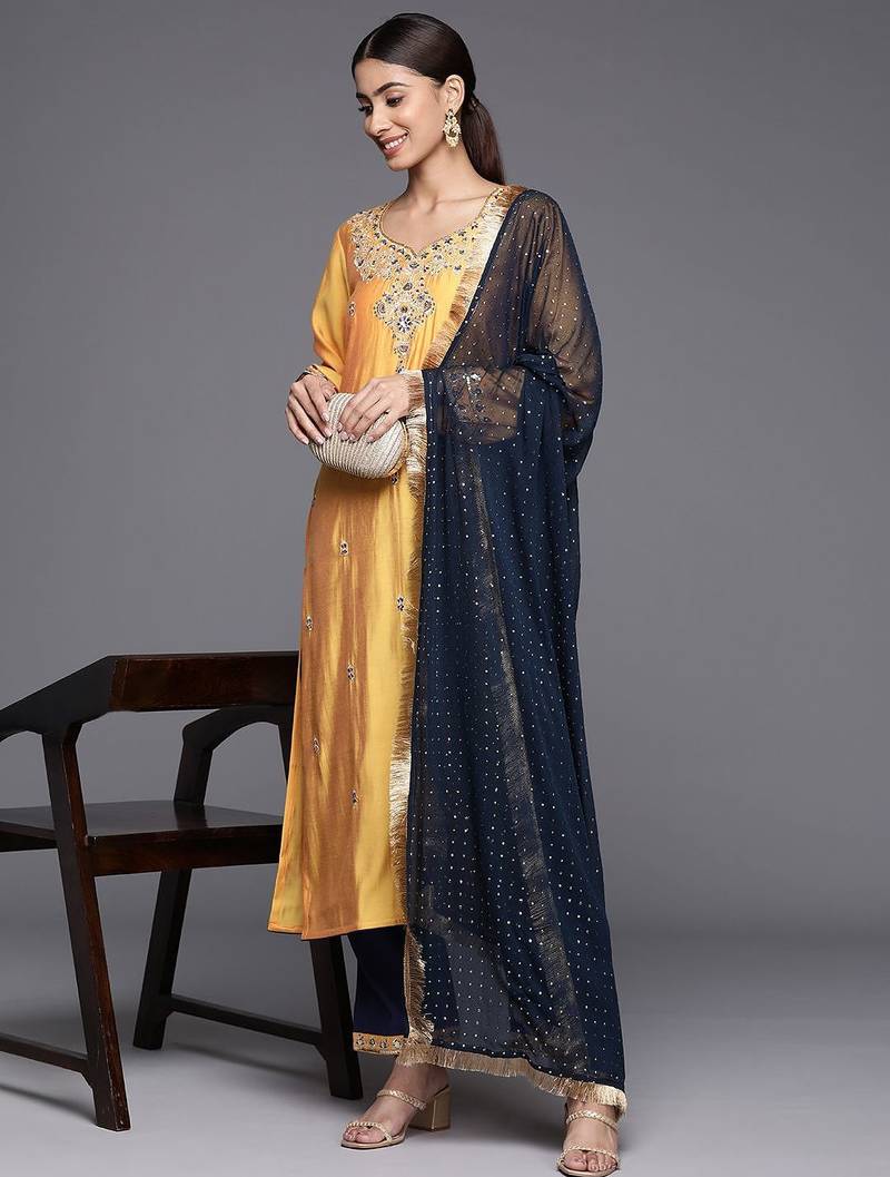 Ethnic Motifs Embroidered Regular Sequinned Kurta with Trousers & Dupatta