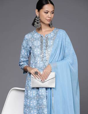 Printed Empire Mirror Work Pure Cotton Kurta with Trousers & Dupatta 2