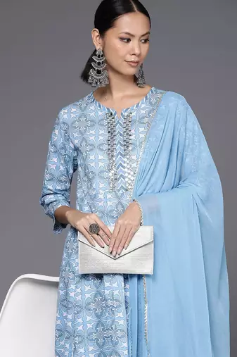 Printed Empire Mirror Work Pure Cotton Kurta with Trousers & Dupatta