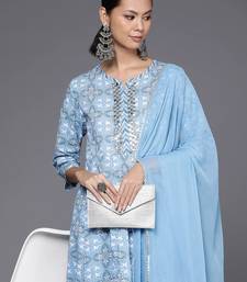 Printed Empire Mirror Work Pure Cotton Kurta with Trousers & Dupatta