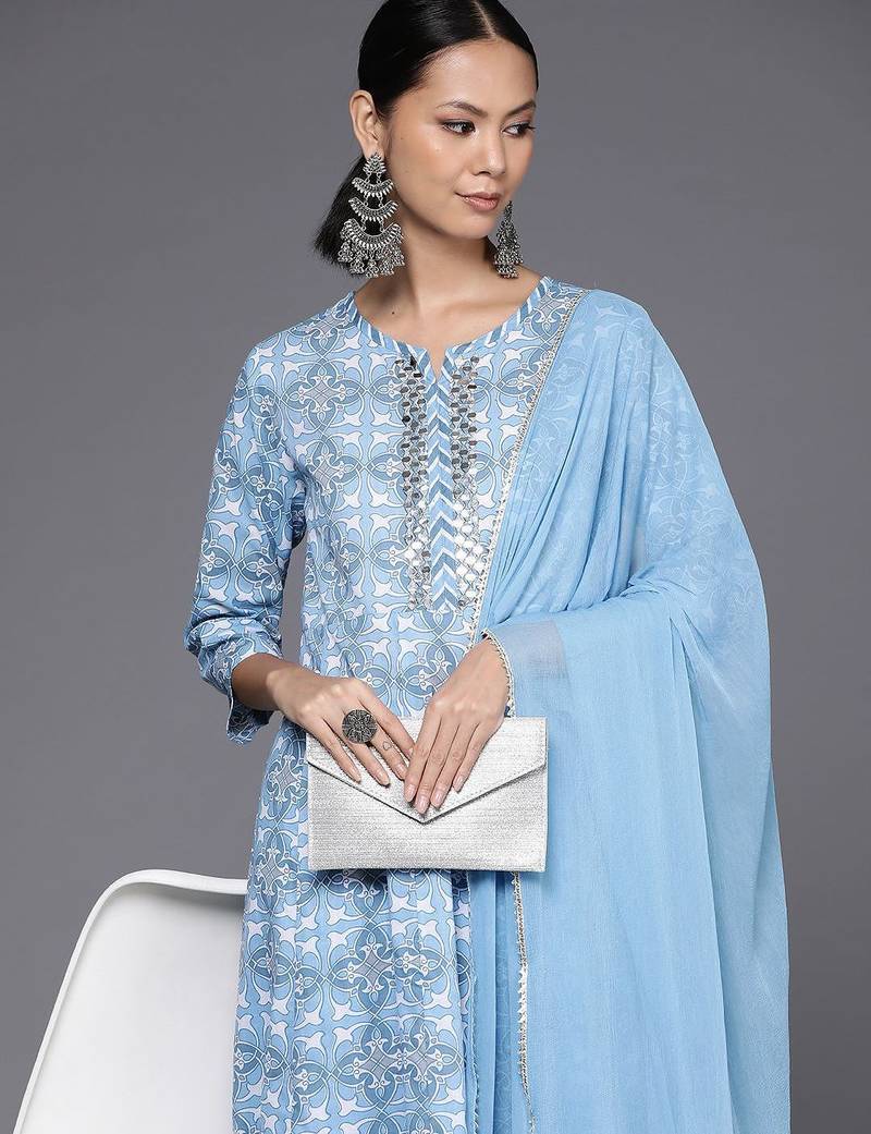 Printed Empire Mirror Work Pure Cotton Kurta with Trousers & Dupatta