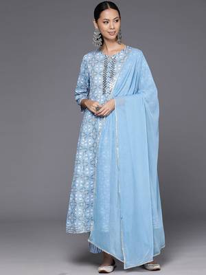 Printed Empire Mirror Work Pure Cotton Kurta with Trousers & Dupatta 1