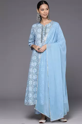 Printed Empire Mirror Work Pure Cotton Kurta with Trousers & Dupatta
