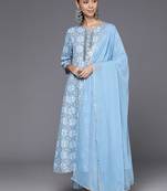 Printed Empire Mirror Work Pure Cotton Kurta with Trousers & Dupatta