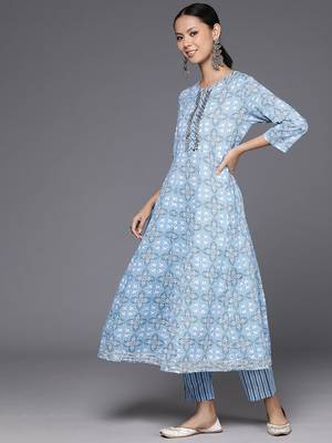 Printed Empire Mirror Work Pure Cotton Kurta with Trousers & Dupatta 6