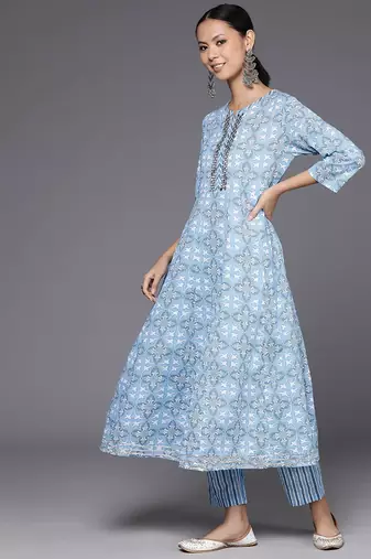 Printed Empire Mirror Work Pure Cotton Kurta with Trousers & Dupatta
